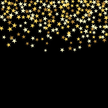 Gold star confetti celebration isolated on black background. Falling golden abstract decoration for party, birthday celebrate, anniversary or Christmas, New Year. Festival decor. Vector illustration