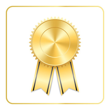 Award ribbon gold icon. Blank medal, isolated on white background. Stamp rosette design trophy. Golden emblem. Symbol of winner, celebration, sport achievement, champion. Vector illustration