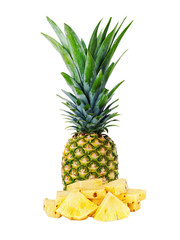 Fototapeta na wymiar Ripe whole pineapple with slices isolated on white background. Closeup.