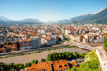 Morning cityscape view on the old town with mountains and river in Grenoble city on the south-east...