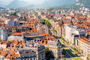 Morning cityscape top view on the main avenue in Grenoble city on the south-east of France