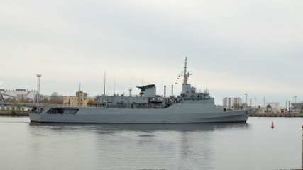 A warship at sea.