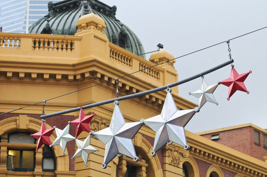 Stars ornaments for New Year at European classic building in Mel