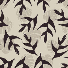 Seamless pattern with hand-drawn tropical leaves and flowers