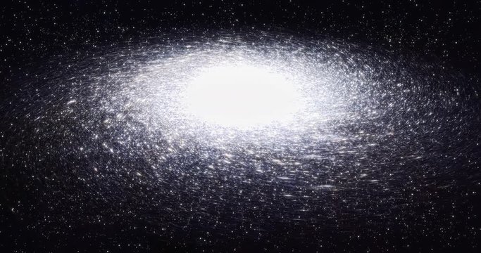 Spiral galaxy / Galaxy in Space / Rotating Galaxy. Spiral galaxy rotates slowly. Animated rotation of abstract galaxy with large bright spot in the center. Shimmering three-dimensional star field.