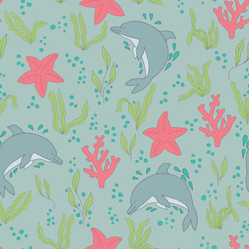 Vector seamless pattern. Hand-drawn doodle set of sea life