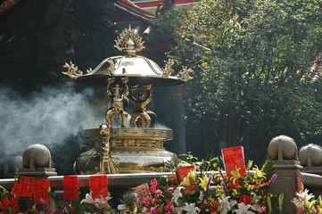 Chinese incense sticks burner in a main temple in Taipei Taiwan