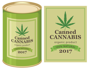 vector banner with tin can canned hemp and cannabis leaf