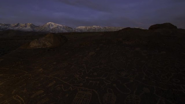 2 axis motion controlled time lapse with dolly right & pan right motion of Native American Petroglyphs at Dawn in Eastern Sierra, California