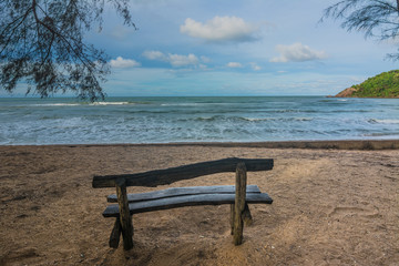 Old  wooden benches at Laem saded beach, Chanthaburi, Thailand.