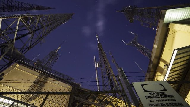 Time Lapse with pan left motion of broadcast radio tower at night shot through storm clouds at Mt. Wilson, California