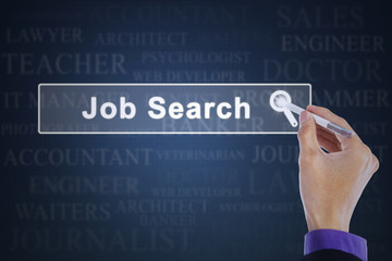 Worker hand touches job search button