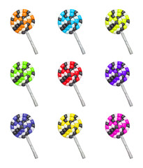 A set of colorful cartoon clay Halloween lollipops.