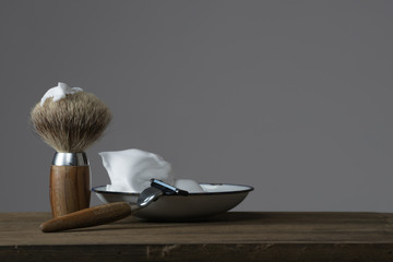 vintage Shaving Equipment on wooden Table