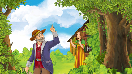 Obraz na płótnie Canvas Cartoon happy and funny farm scene with father waving for goodbye to daughter - going somewhere - illustration for children