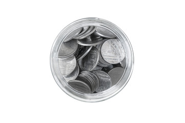 coins in a glass jar against top view ,savings coins - Investment And Interest Concept saving money concept, growing money on piggy bank. isolated on white background