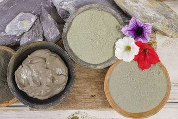 Ancient minerals - green  and blue clay powder and mud mask for spa