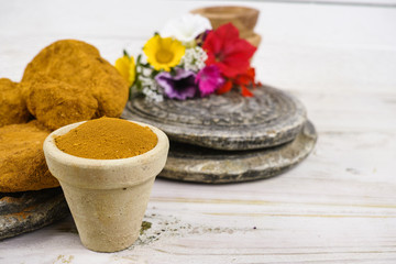 Ancient minerals - ochre stones and powder for spa and natural color pigment for paint