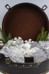 Vintage brown coffer with white christmas tree decoration 
