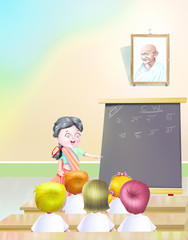 Teacher teach Hindi alphabets in class