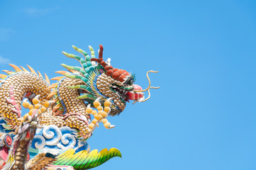 Chinese dragon with blue sky,Dragon statue on roof in chinese temple