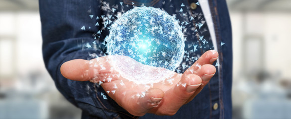 Businessman holding 3D rendering data network sphere in his hand