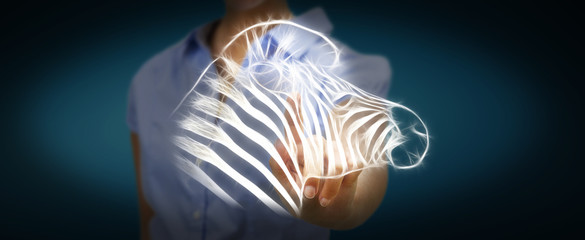 Person touching fractal endangered zebra illustration 3D renderi