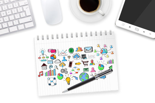 Hand drawn icons on office background