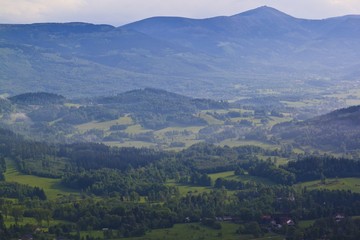 Fototapeta na wymiar Summer aerial panorama of Kaczawskie, Rudawy Janowickie and Karkonosze Mountains in Poland