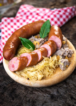 Sausages with sauerkraut and buckwheat mush
