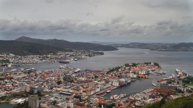 Timelapse - Cityscape of Bergen as seen from peak of mount Floyen, Norway