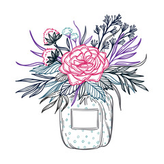 Hand drawn vector illustration - fashion bouquet of flowers, lea