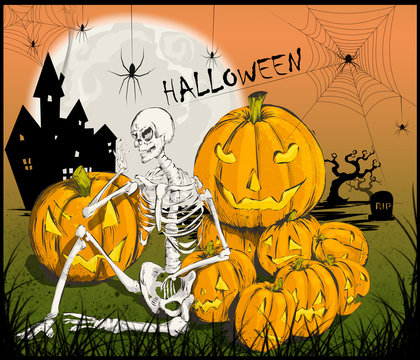 Festa di halloween con scheletro e zucche. Una festa dove i bambini si vestono da fantasmi, vampiri e mostri