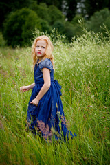 Portrait of beautiful little girl in the blue dress on the nature