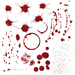 Set of red spots, drips and splashes that look like blood texture isolated on white. Halloween design concept.