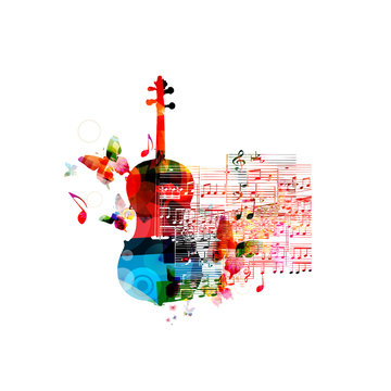 Creative music style template vector illustration, colorful violoncello, music instrument with music staff and notes background. Poster, brochure, banner, concert, music festival, music shop design