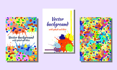 Set of hand drawn artistic cards. Vector backgrounds for cover. Grunge drawn template with splash, spray, blots, spatter, stain, attrition, cracks. Graphic illustration. A4 format size