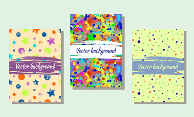 Set of hand drawn artistic cards. Vector backgrounds for cover. Grunge drawn template with splash, spray, blots, spatter, stain, attrition, cracks. Graphic illustration. A4 format size