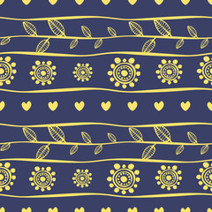 Seamless vector pattern. Blue and yellow hand drawn endless background with ornamental decorative elements with ethnic, traditional motives. Series of Hand Drawn Ornamental Seamless vector Patterns