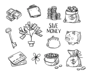 Fotobehang Hand drawn vector illustrations - Save money. Doodle design elements: money tree, piggy bank, wallet, bank card, luck © Kate Macate