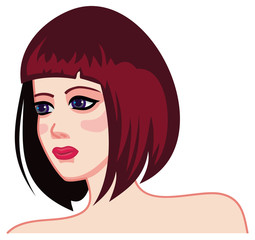 Girl face with brown hair and modern haircut. Medium hair style. Vector clip art.