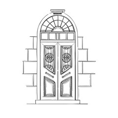 Hand drawn vector illustrations - old vintage door. Isolated on