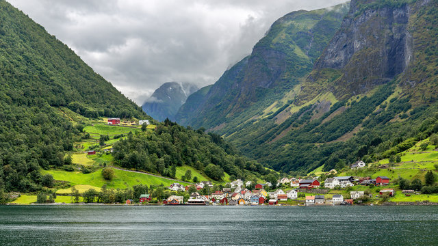The Picturesque village of Undredal seen from the Aurlandsfjord,