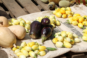 Pumpkins, aubergines and baobab fruits at a market in Zambia, Africa