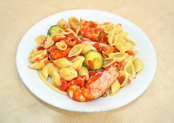 pasta shell with shrimps and tomato sauce - greek mediterranean food
