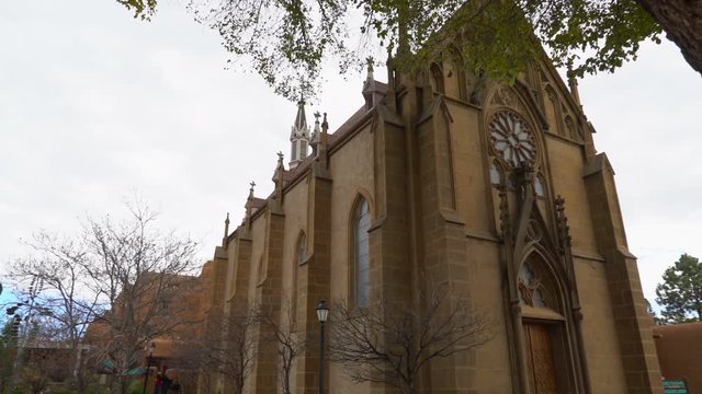Tracking Shot of Loretto Chapel Exterior in Santa Fe, New Mexico -Pan Right-