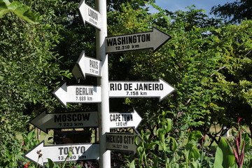 Signpost to the world capital cities from Victoria Falls, Africa