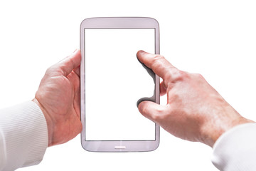 Blank touchpad in hands isolated on white