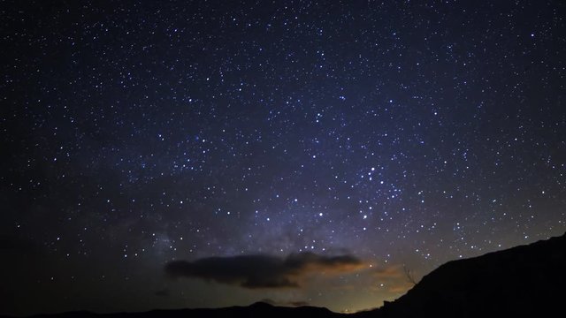 Astrophotography time lapse with tilt up motion of Milky Way galaxy rising over desert landscape at Red Rock Canyon State Park in Mojave Desert, California