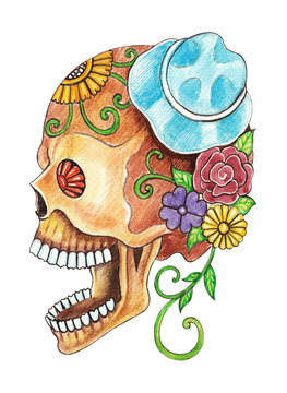 Skull art day of the dead.Art skull head smiley face day of the dead festival hand color painting on paper.
